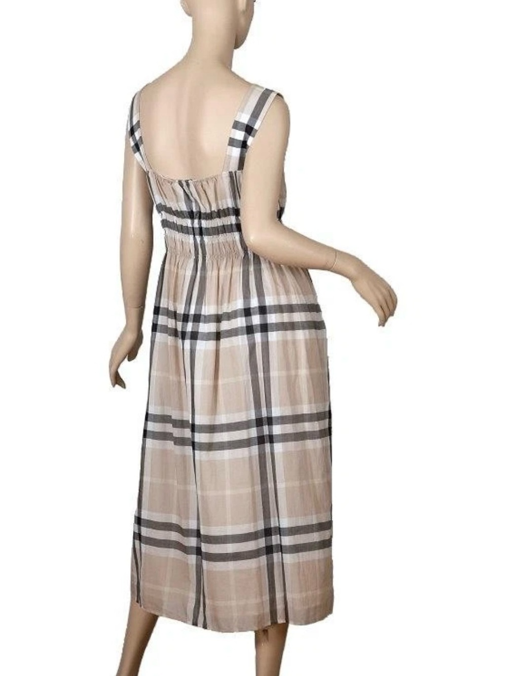 NEW BURBERRY CLASSIC BEIGE IVORY GRAY CHECK PLEATED COTTON SUMMER DRESS 44/10 - Picture 5 of 8